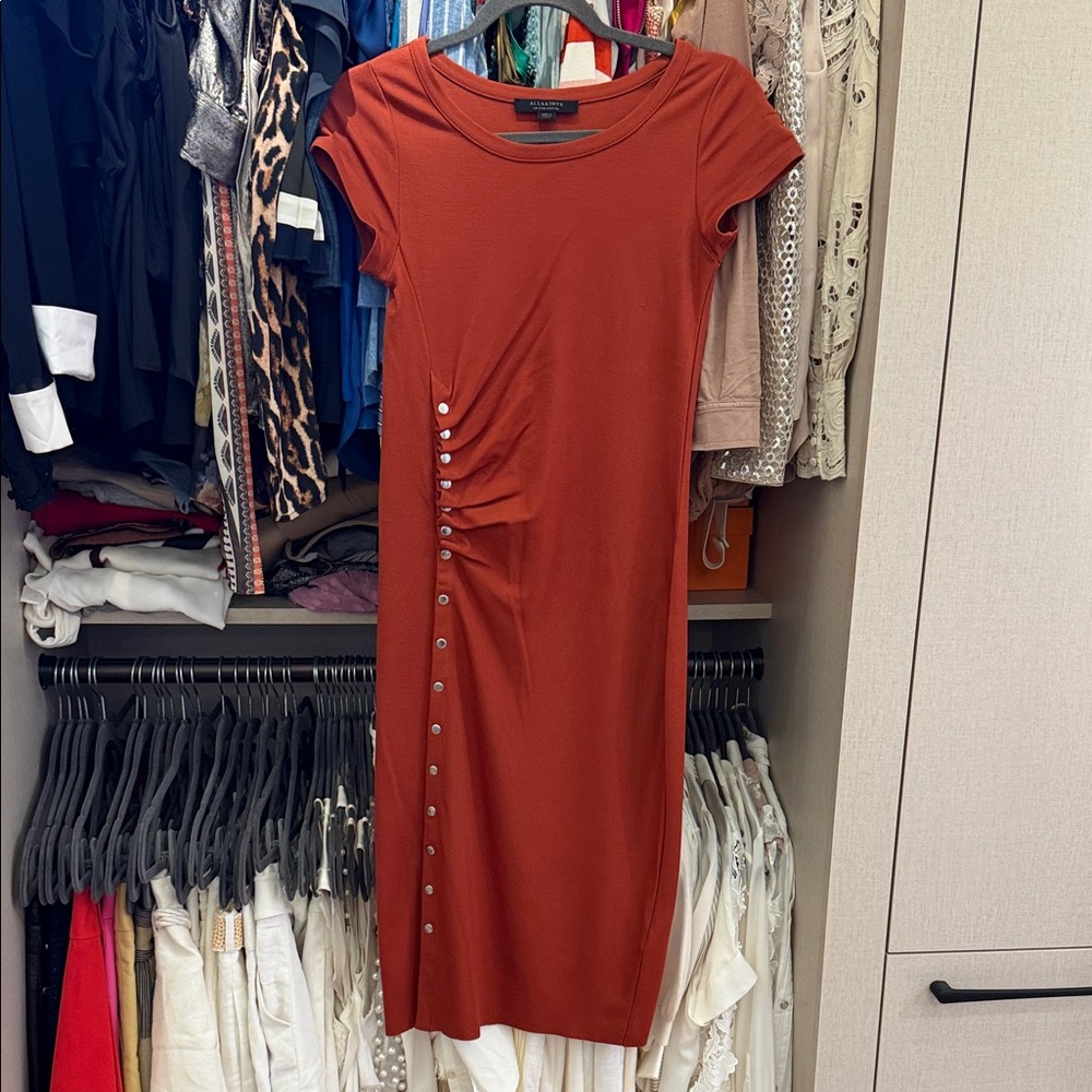 AllSaints Rust Red Side-Button Midi Dress
